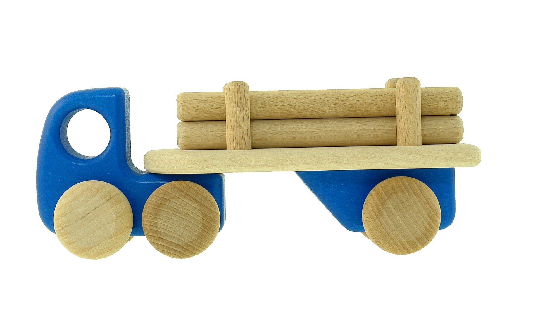 LKW mit Langholz blau BAJO Holzauto Auto Holzspielzeug Greifling 
